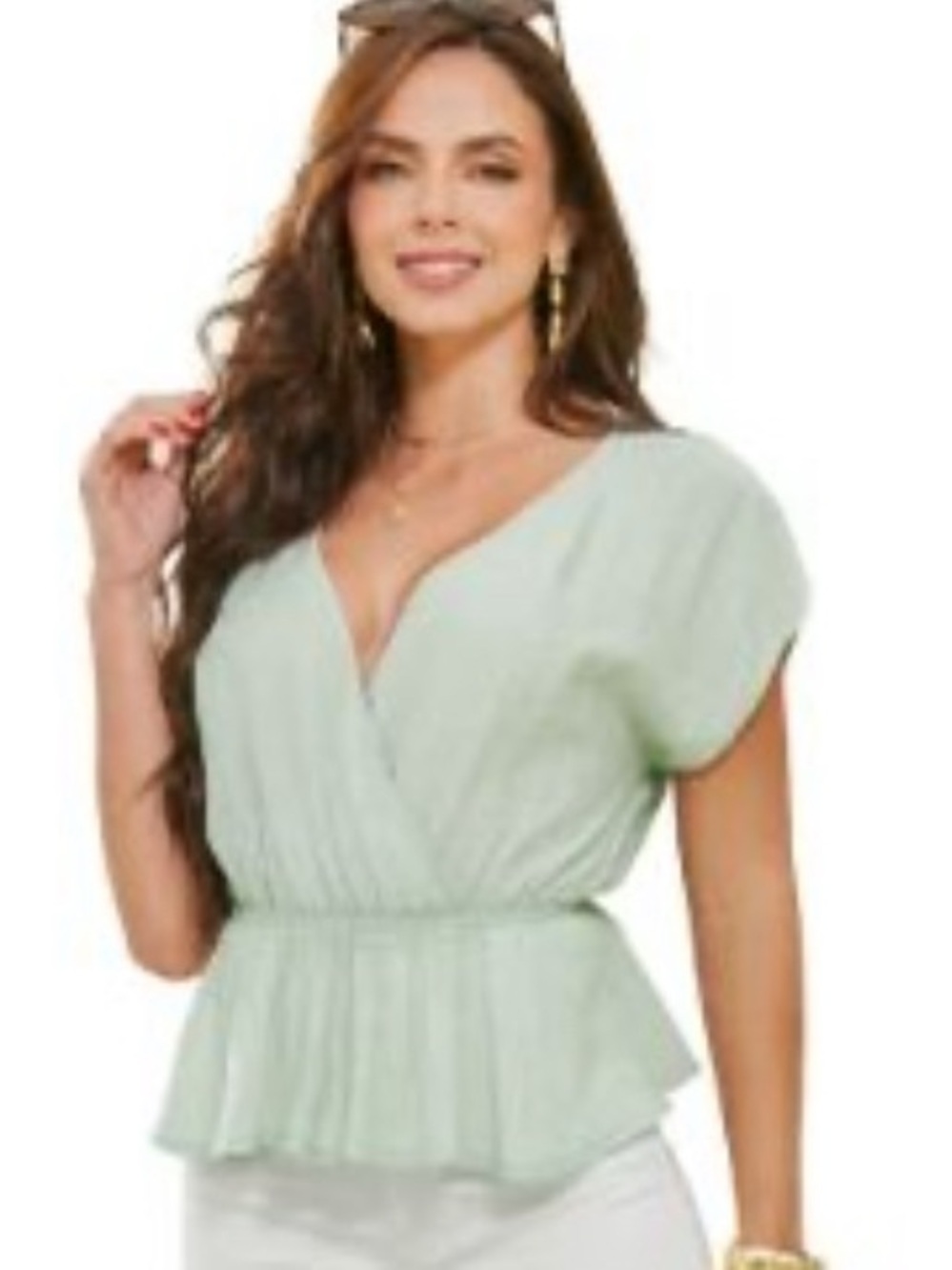 V-Neck Mint Peplum Blouse with Elastic Waist